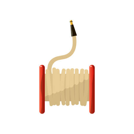 Firefighting sticker with fire hose reel isolated on white background. Fireman equipment, firefighter service staff uniform flat design icon. Profession and occupation conceptのイラスト素材