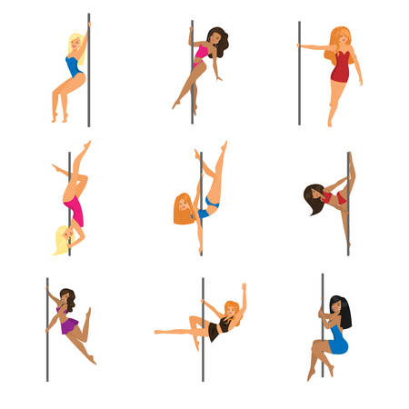 Set of nine attractive pole dancers isolated on white background. Pretty girls making tricks on stage. Cartoon style female poledancer.のイラスト素材