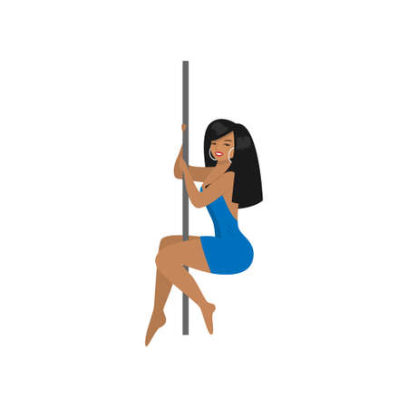 Attractive african american girl with long hair practicing pole dancing. Pretty girl sitting near metal stick while holding it with arms on stage isolated on white. Cartoon style female poledancerのイラスト素材