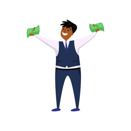 Happy smiling afro-american employee holding cash in two hands isolated on white. Excited businessman with bundle of money in arms wide apart. Good fortune, success, enrichment, luck, wealth conceptのイラスト素材