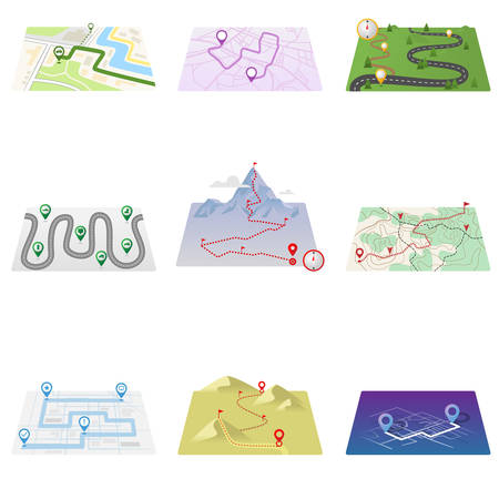 GPS icons and route map set isolated on white backgroundのイラスト素材