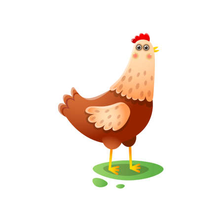 Cute kawai hen standing walking on green farmyardのイラスト素材