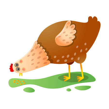 Cute kawai brown chicken eating grains outdoorsのイラスト素材