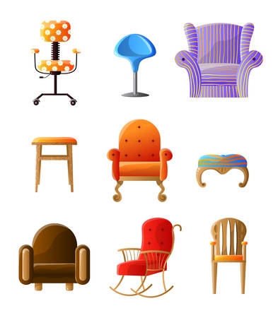 Set of colorful, comfortable chairs different types isolated on whiteのイラスト素材