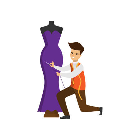 Tailor standing on one knee hemming purple dress on mannequinのイラスト素材