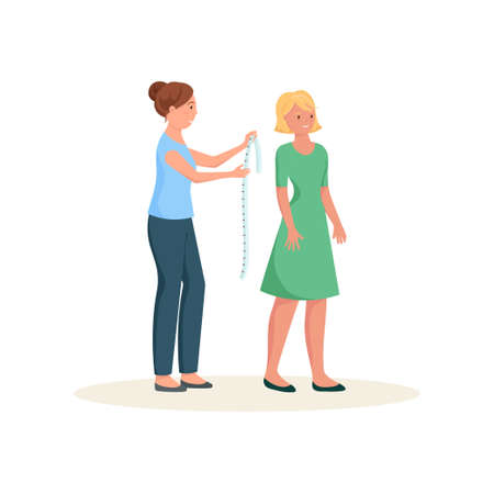 Seamstress measuring growth of customer with tape isolated on white backgroundのイラスト素材