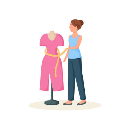 Seamstress standing near mannequin in red dress tying yellow beltのイラスト素材