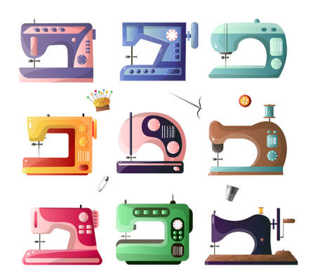 Modern and retro style sewing machines with different options set isolated on white background. Equipment of dressmaker. Product template in flat design styleのイラスト素材