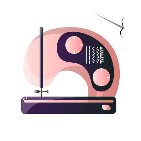 Pink purple model sewing machine with different options and threaded needle isolated on white background. Equipment of dressmaker. Product print card in flat design styleのイラスト素材