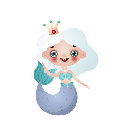 Cute mermaid girl with white hair and crown on head on white. Queen character greeting raised hand. Child drawing style cartoon underwater world. Concept fabric, decor, card, print, stickers designのイラスト素材