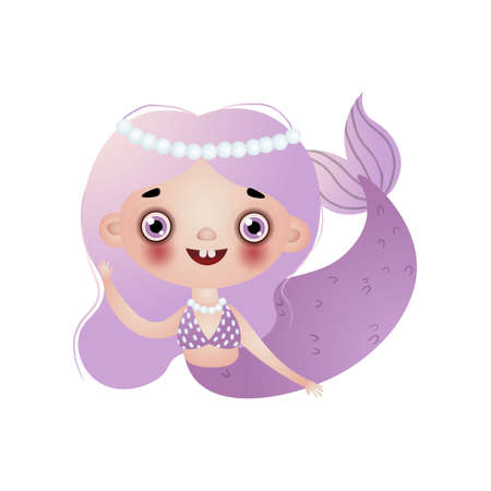 Cute smiling mermaid girl with violet long wavy hair and beads on head. Animated character greeting raised hand. Child drawing style cartoon underwater. Fabric, decor, card, print, stickers designのイラスト素材