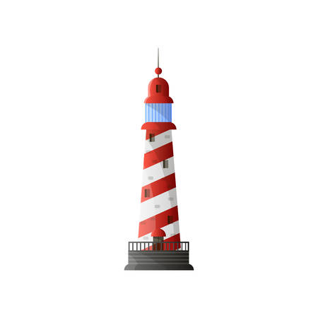 White conic lighthouse with shadow, red diagonal stripes and grey foundation in flat designのイラスト素材