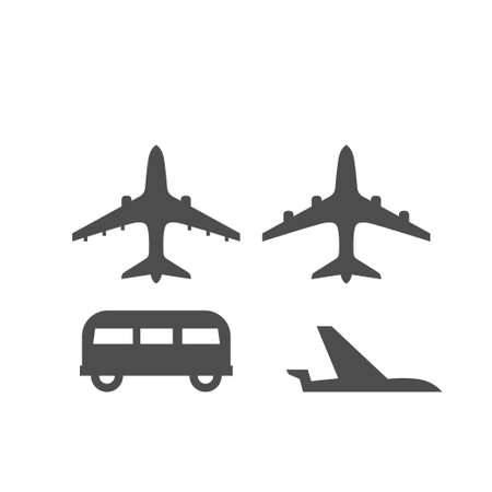 Flat rout map signs of airplane in different positions and bus isolated on white background. Flat graphic warning marks gps icons for mobile applications. Markers of airport and bus stationのイラスト素材