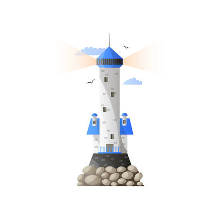 Lighthouse on island under cloudy sky with flying birds in sunny day. White blue guiding light house building for maritime navigation guidance ocean and sea beacon searchlight tower in flat designのイラスト素材