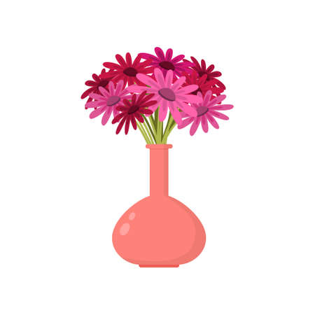 Beautiful pink red flowers bouquet in bulb-shaped vase same color over white. Nice creative floral composition. Card icon template for birthday mothers day anniversary gift, greeting, invitationのイラスト素材