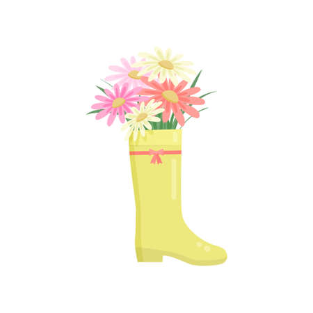 Beautiful colorful flowers bouquet in yellow rainboot over white. Nice creative floral composition. Card icon template for birthday mothers day anniversary gift, greeting, invitationのイラスト素材