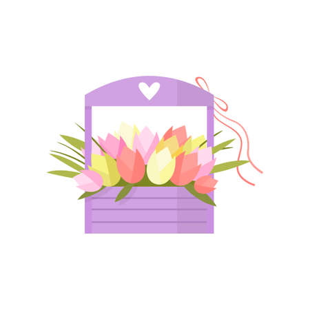 Beautiful pink spring flowers tulip bouquet in wooden box with handle decorated heart over whiteのイラスト素材