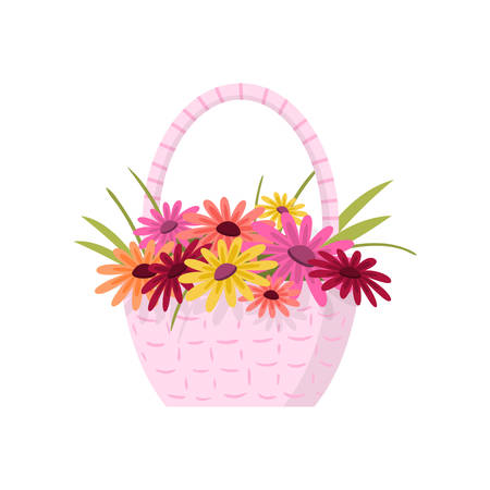 Beautiful colorful flowers composition bouquet in light pink wicker basket over white. Nice creative floral composition. Card template for birthday mothers day anniversary gift, greeting, invitationのイラスト素材