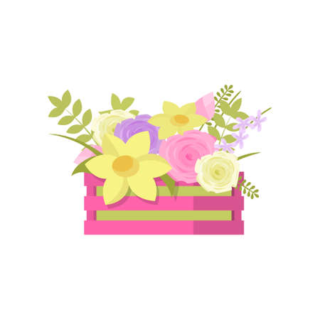 Beautiful colorful flowers bouquet in pink wooden box over white. Nice mixed floral composition. Card icon template for birthday mothers day anniversary gift, greeting, invitationのイラスト素材