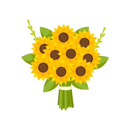 Festive gift bouquet of decorative yellow sunflowers on empty background. Cartoon colorful floral arrangement, flowering bunch. Invitation poster, card. Botanical garden wedding or valentine conceptのイラスト素材
