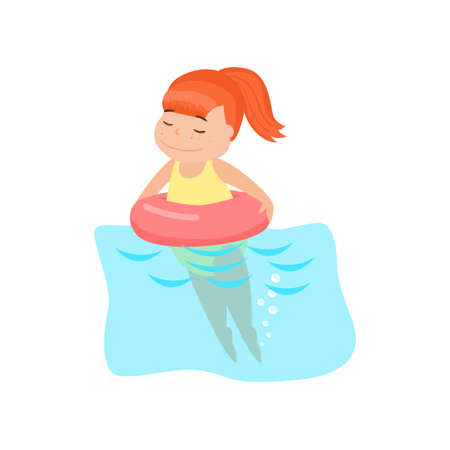 Happy smiling girl swimming in inflatable rubber swimming ring in pool. Family recreation and leisure, active summer time in aquaparkのイラスト素材