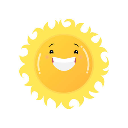 Smiling laughing yellow sun emoji sticker isolated on white background. Smiley funny happy face with good expression, fine mood icon. Emoticons of summer designのイラスト素材