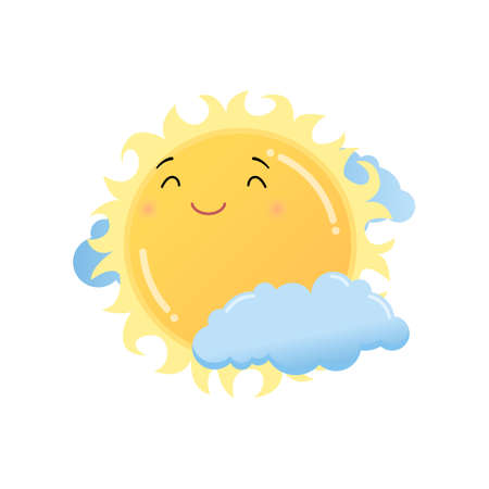 Cute satisfied yellow sun in clouds emoji sticker isolated on white background. Smiley funny happy face with good expression, fine mood icon. Emoticons of summer designのイラスト素材