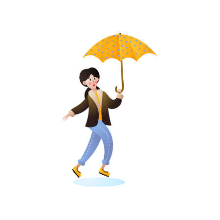 Happy jumping woman walking with yellow umbrella under the city rain. Cartoon style. Vector illustration on white background.のイラスト素材