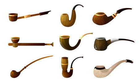 Set of wood smoking pipe gift for vip men at holiday. Cartoon style. Vector illustration on white...