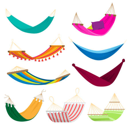 Set of colorful textile or synthetic hammock for beach, home holiday use. Cartoon style. Vector illustration on white backgroundのイラスト素材