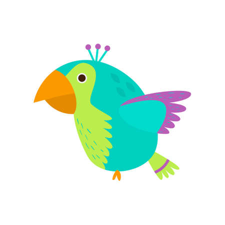 Flying colorful, green, orange,violet parrot in wild green amazon forest. Flat style. Vector illustration on white backgroundのイラスト素材