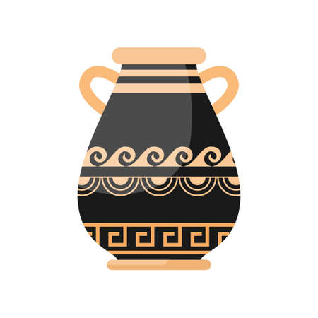 Ancient black yellow color greek wide vase in traditional style. Flat style. Vector illustration on white backgroundのイラスト素材