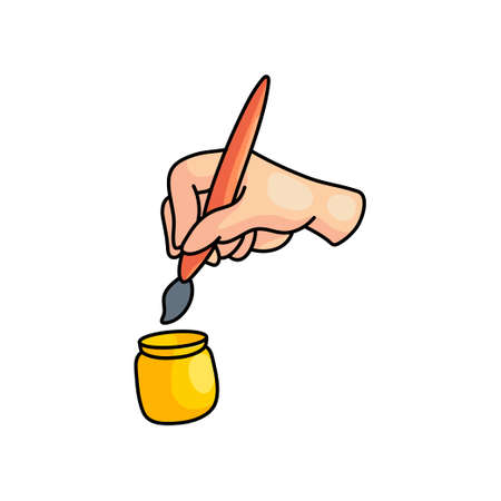 Kid hand use pencil to take paint from yellow jar at school lesson. Cartoon style. Vector illustration on white backgroundのイラスト素材