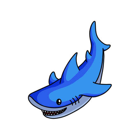 Cute blue shark swimming to find some fish food in deep ocean. Cartoon style. Vector illustration on white backgroundのイラスト素材