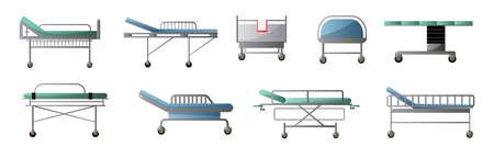 Set of modern orthopedic bed with wheel in city hospital for ill patients. Cartoon style. Vector illustration on white backgroundのイラスト素材