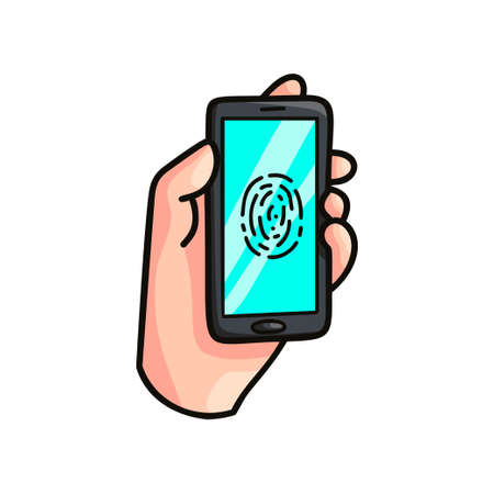 Modern smartphone device with fingerprint security lock for daily home use. Cartoon style. Vector illustration on white backgroundのイラスト素材