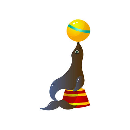 Circus seal playing with yellow ball on red round stand at festival day. Cartoon style. Vector illustration on white backgroundのイラスト素材