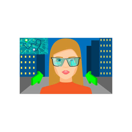 Augmented reality glasses shows city night best route on car or bike. Flat style. Vector illustration on white backgroundのイラスト素材
