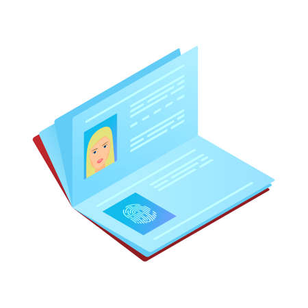 Biometric international passport with hand fingerprint security for global travel holiday. Isometric style. Vector illustration on white backgroundのイラスト素材