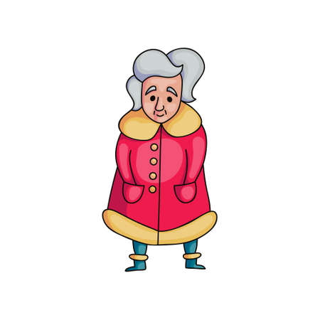 Cute tired old senior woman in winter coat, lovely grandmother. Cartoon style. Vector illustration on white backgroundのイラスト素材