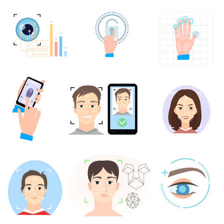 Set of different biometric security and part of human body, modern technology. Flat style. Vector illustration on white backgroundのイラスト素材