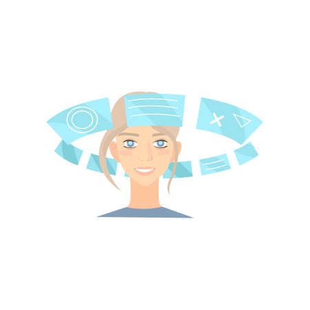 Cute girl in virtual reality saw information about business activity