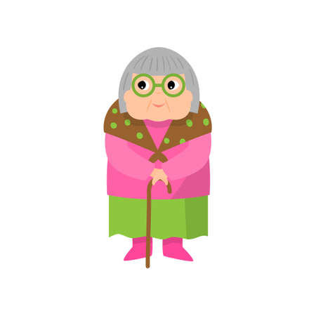 Cute old grandmother waiting son in walking wood stick at village house or in city. Flat style. Vector illustration on white backgroundのイラスト素材