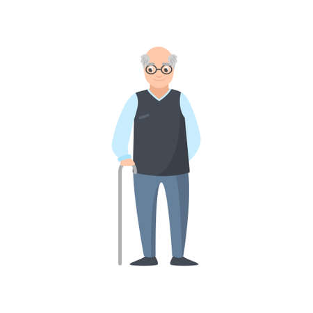 Senior man with eyeglasses in blue pants stay in walking stick, from elder house. Flat style. Vector illustration on white backgroundのイラスト素材