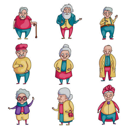 Set of old senior people character in present life, with different fashion clothes. Cartoon style. Vector illustration on white backgroundのイラスト素材