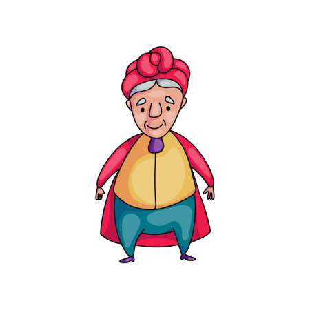 Cute smiling senior woman with red coat ready for walking in city park. Cartoon style. Vector illustration on white backgroundのイラスト素材