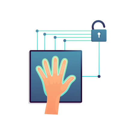 Unlock device or door with whole hand scanning, for office or secret corporation. Flat style. Vector...