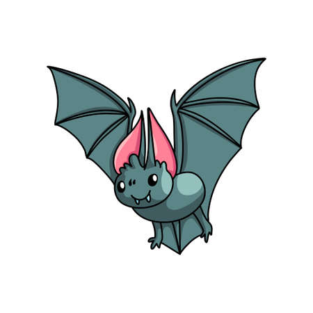 Flying dark grey bat with white teeth and red ears