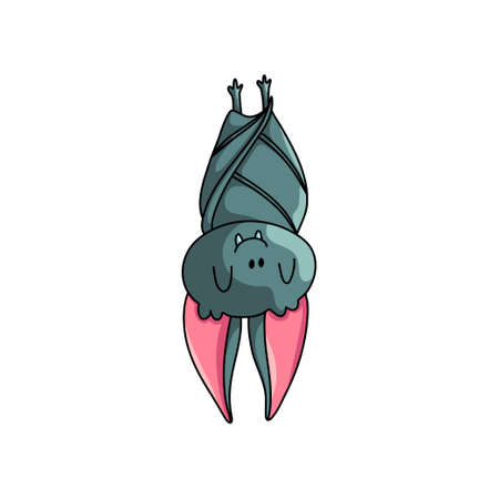 Sleeping cute grey bat with head down and closed eyes, in deep cave. Cartoon style. Vector...