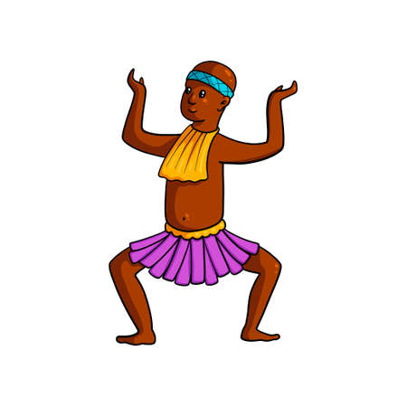 Dancing tribe man with hand up and legs down, traditional holiday dance. Cartoon style. Vector illustration on white backgroundのイラスト素材